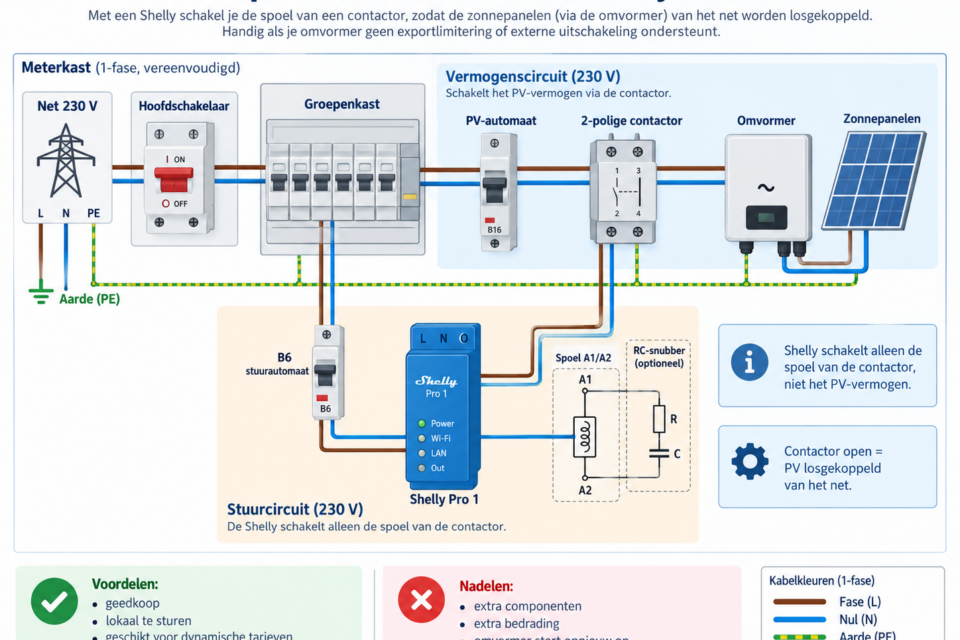 Vereenvoudigd schema voor het afschakelen van een 1-fase PV-installatie met een Shelly en contactor