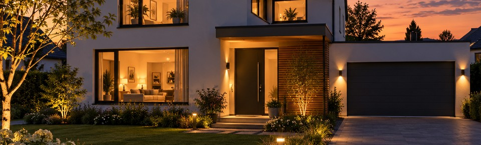 Een verlicht slim huis in de avond