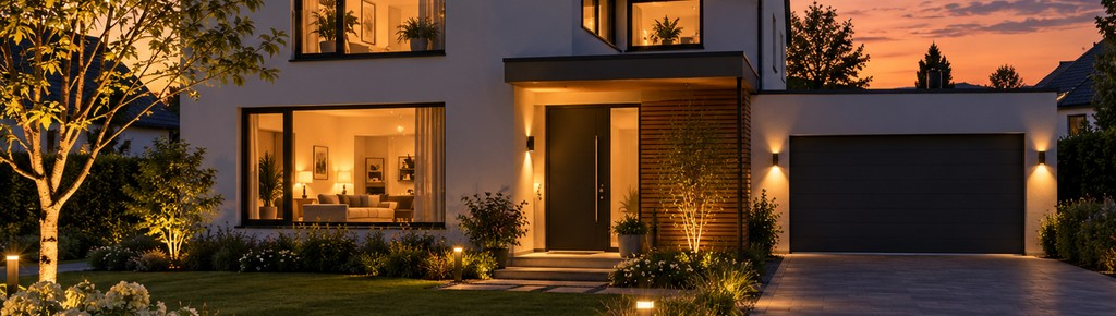 Een verlicht slim huis in de avond