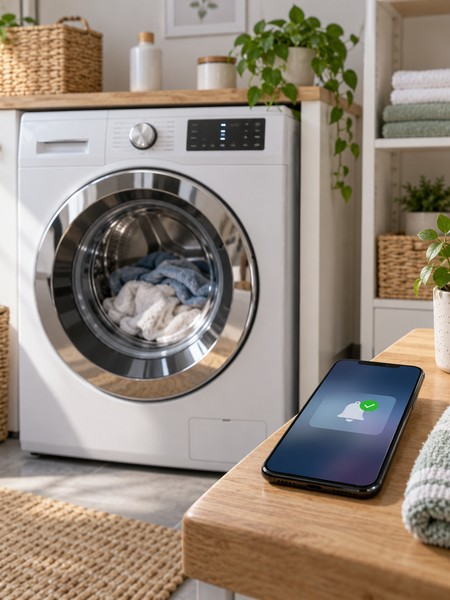 A washing machine with a phone notification that the programme has finished