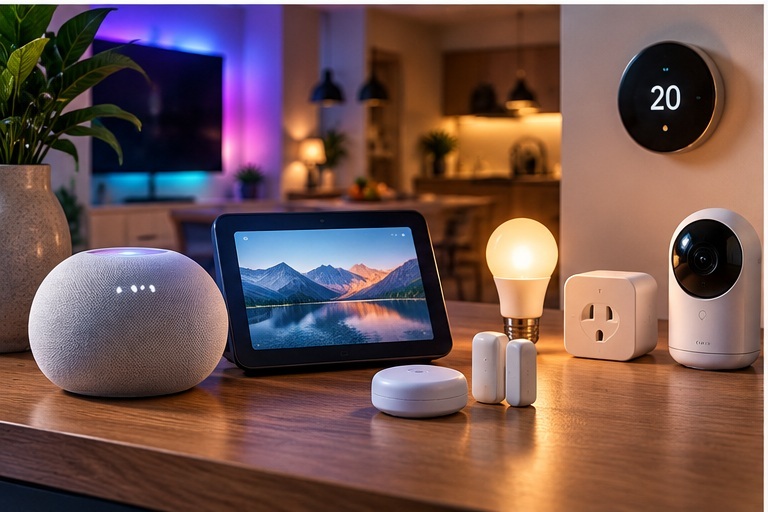 Illustrative living room with a smart speaker, display and lights