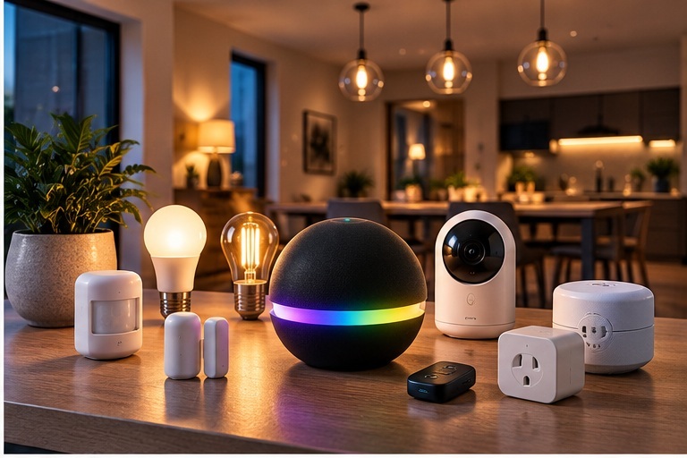Illustrative smart-home hub with lights, sensors and plugs