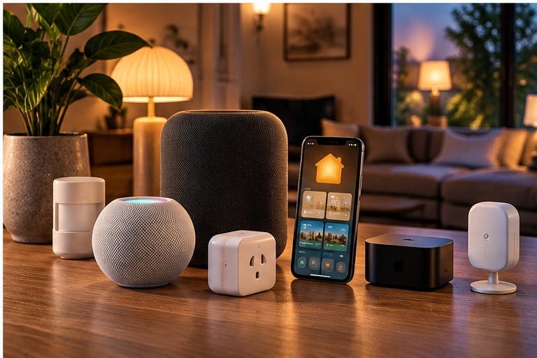 Illustratieve Apple-georiënteerde woonkamer met telefoon, speaker en slimme accessoires