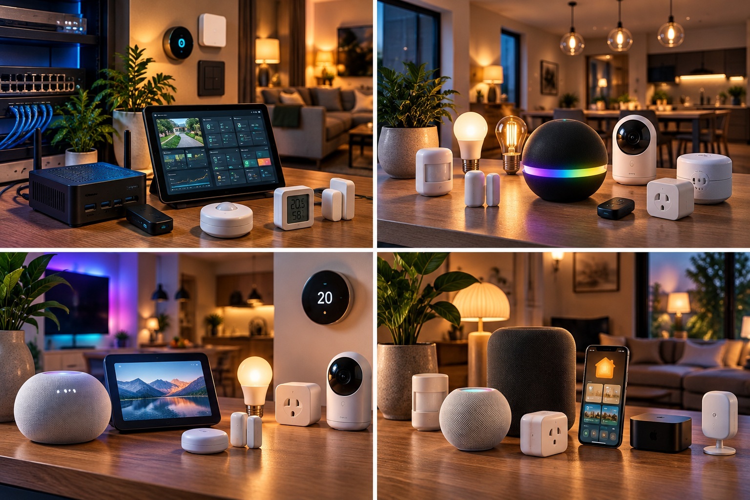 Illustratieve woonkamer met slimme lampen, sensoren, stekkers en een centrale hub