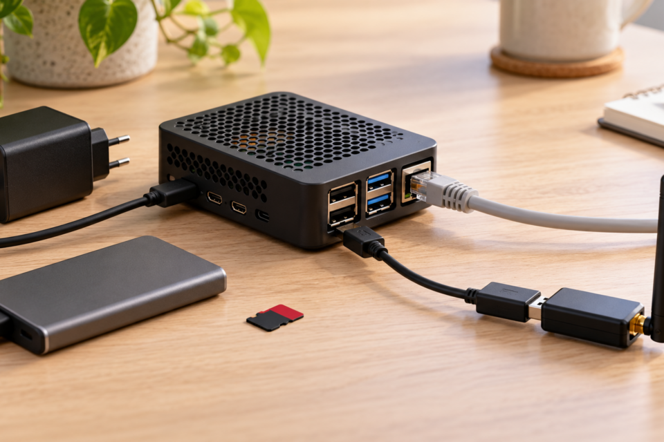Raspberry Pi-opstelling met voeding, Ethernet, microSD, SSD en Zigbee-coördinator