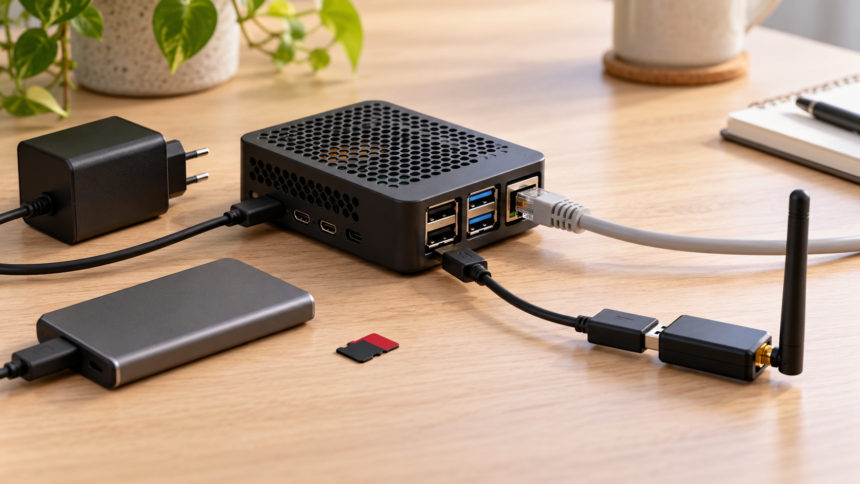 Raspberry Pi-opstelling met voeding, Ethernet, microSD, SSD en Zigbee-coördinator