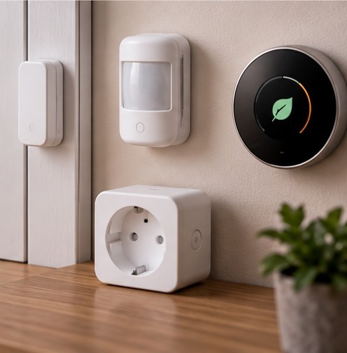 Local sensors, a smart plug and thermostat used in responsive automations