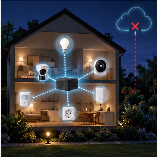 Smart devices communicating through a local hub without a required cloud connection