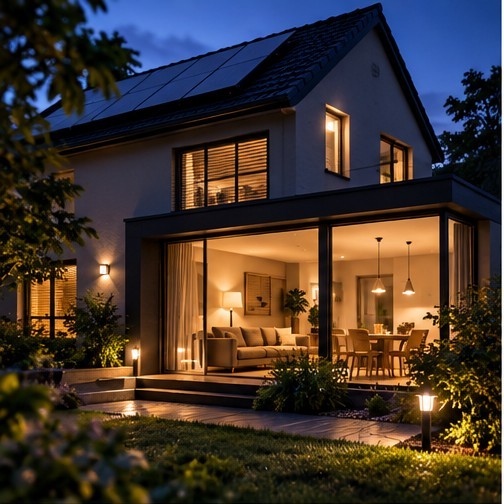 A lit smart home in the evening, representing a locally controlled home