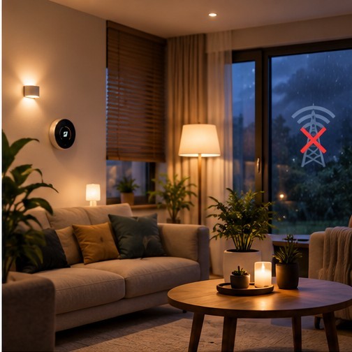 A lit living room while the external internet connection is unavailable